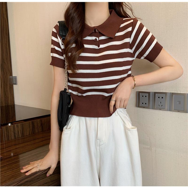 

Універсальні короткі топи жіночі ретро колор-блокінг смугасті з талією в язаний одяг тренд повсякденний літній must-have комфорт і стиль приталені пуловери футболки One Size кавовий