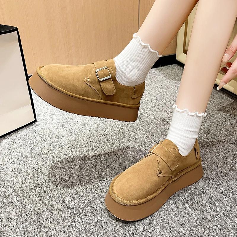New Women's Pumps Round Toe Flat Shoes for Women Mid Heel Slip-on Loafers Outdoor Solid Color Platform Shoes Buckle Strap Flats