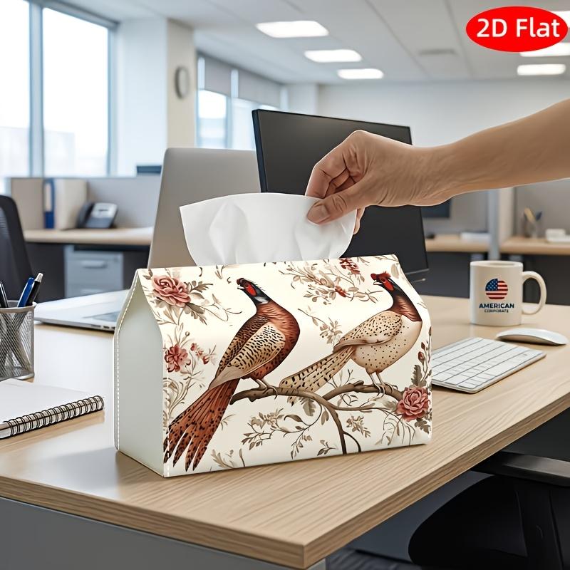 2D Flat, 1pc Tissue Box, Printed on Both Sides, Tissue Box with Checkered Lid Vintage Pheasant Birds Design, Durable Fabric Multi Functional Decorativ