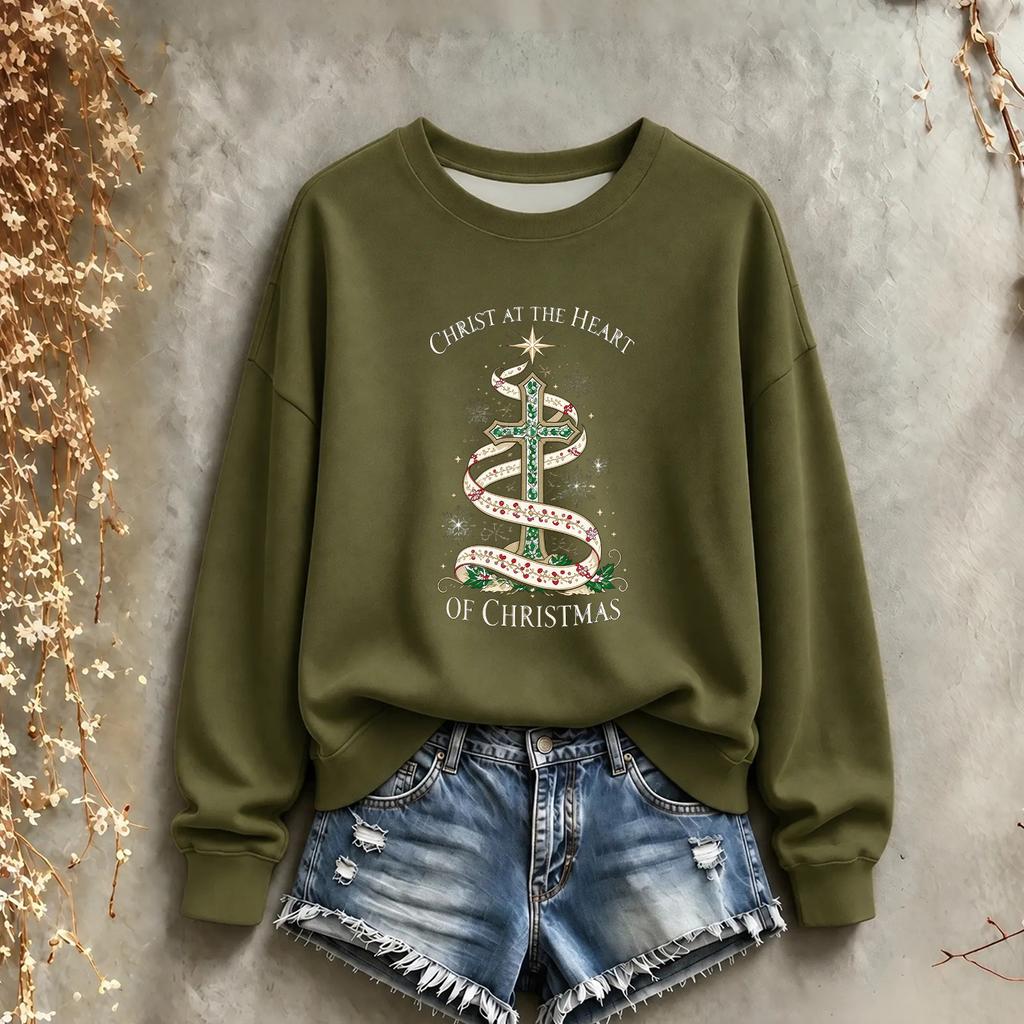 Women's Christmas Print Long Sleeve Crewneck Sweatshirt Casual Holiday Pullover Top