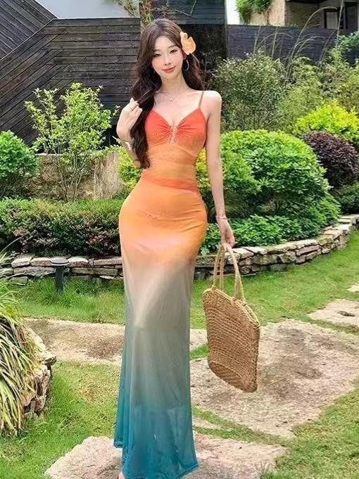 Sunset skirt beautiful smudge gradual change elastic mesh dress Thailand Sanya seaside vacation bag arm fishtail dress S