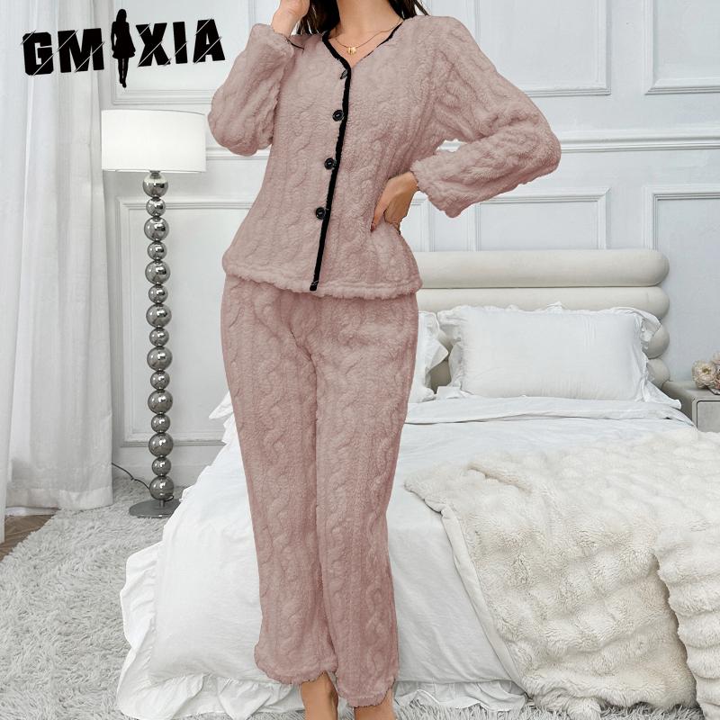 GMXIA Simple Leisure Solid Colour Home Wear Pajamas Suit Striped Pajamas Women Long Sleeves and Trousers Can Be Worn Outside