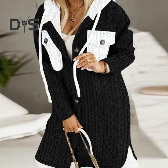 Women Fall Winter Sweater Coat Hooded Drawstring Twisted Pattern Contrast Color Thick Knitted Solid Color Long Sleeve Mid Length Pockets Split Hem