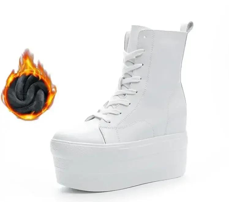 Autumn Genuine Leather 10CM  Super Thick Sole Platform Wedge Hidden Heel Boots Shoes Zipper Winter Boots Ankle Warm Booties