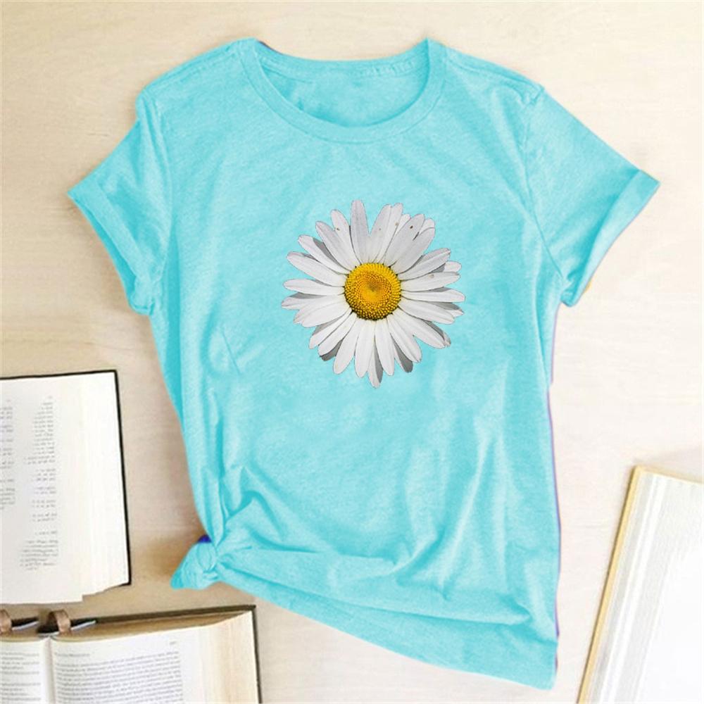 Summer Round Neck Daisy Pattern Printed Top Fashionable Casual Pure Cotton Short Sleeved Women's T-shirts