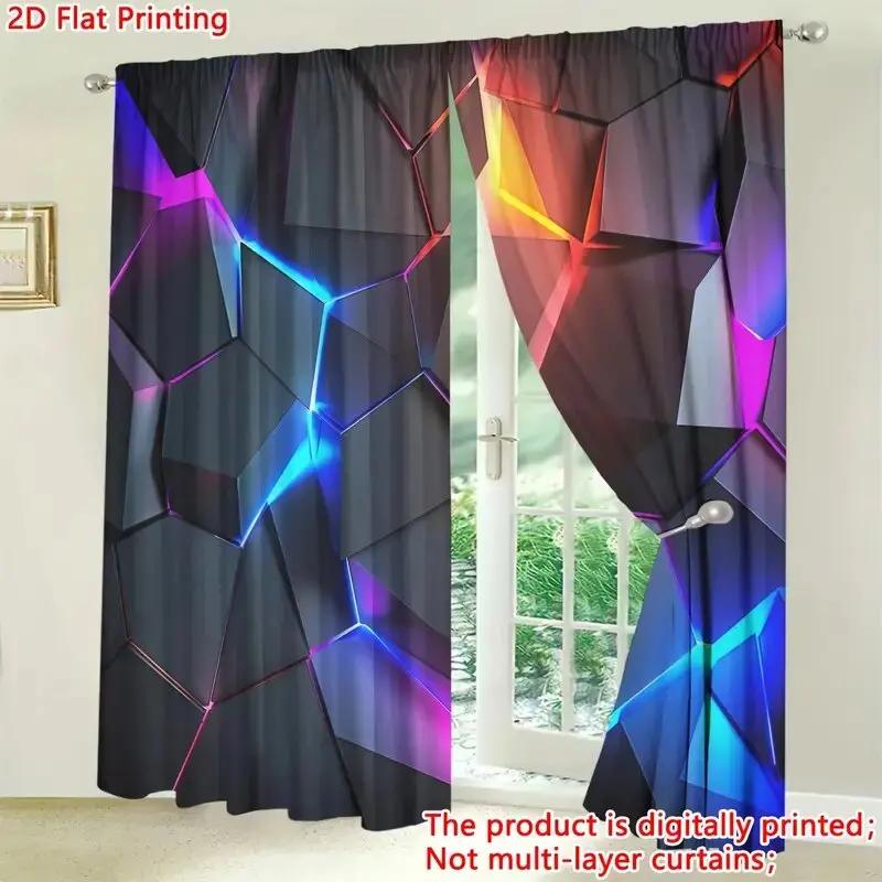 2 Stück - 2D flache Neon geometrisches Muster bedruckte Vorhänge, Fensterdekorationen, Heimdekorationen, Raumdekorationen