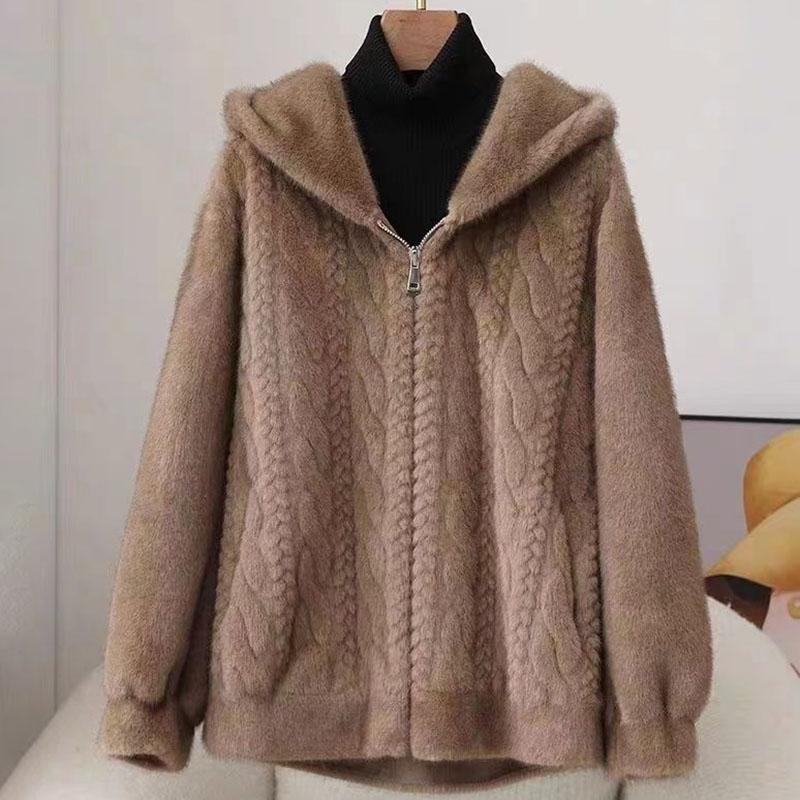 

Women s Mink Fleece Coat Warm Winter Hooded Mink Fleece Short Faux Fur Coat 2XL темно-коричневого кольору