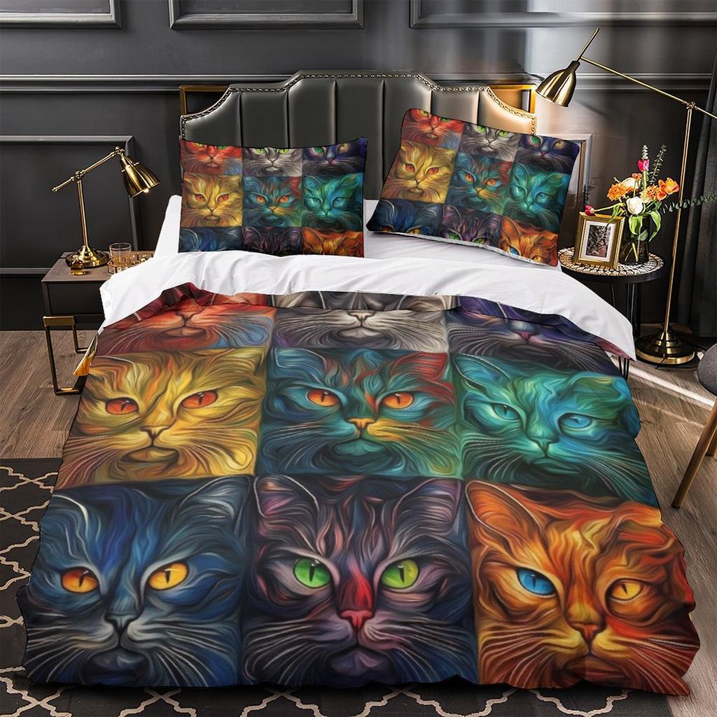 3D Digital Printing Color Cat Series Quilt Cover Pillowcase Two Or Three-Piece Set Polyester Abraded