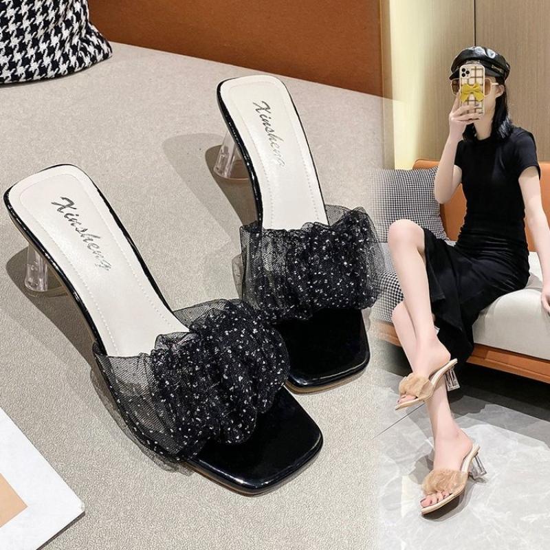2025 Summer New High Heels Transparent Crystal Thick Heel Slippers Women's Fashion Open Toed One Line Cool Drag