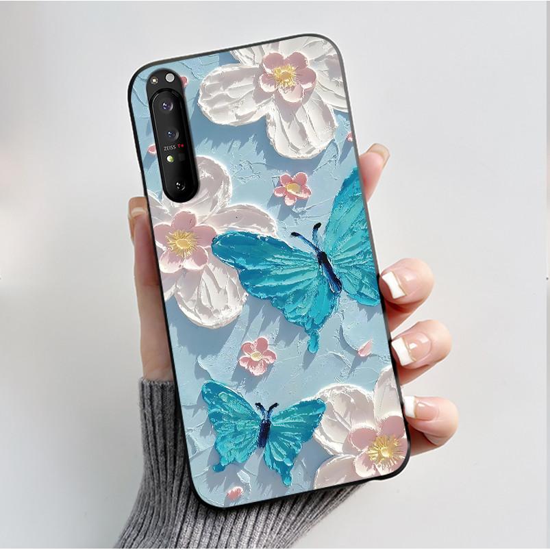 Hülle für Sony Xperia 1 II 1 III Luxus Mode Schmetterling Blume Schwarzes Silikon TPU Weiche Handyhülle für Sony 1II 1III Rückseite