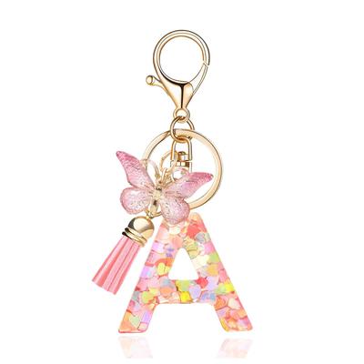 Pink Glitter Resin 26-Letter Keychain Butterfly Tassel Accessory Retro Durable Bag Charm Practical Gift For Girlfriend Best Friend