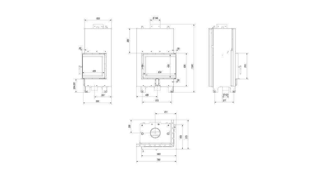 Water heating fireplace KRATKI MBZ right 13 kW Ø 200 black thermotec lining