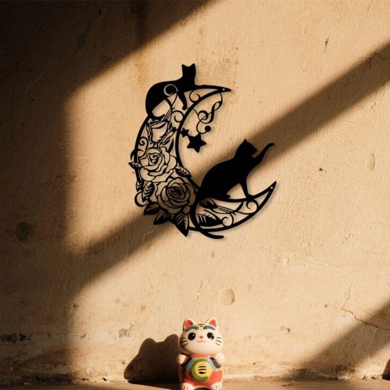 Metal Wall Art Cat and Moon Decor for Garden and Home