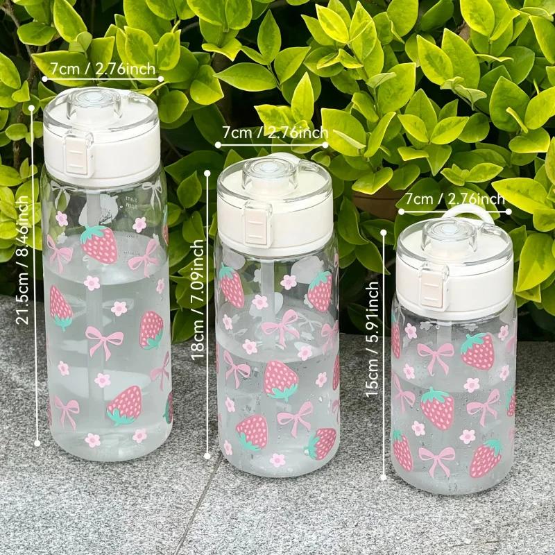 

400/600/800ML Reusable Plastic Straw Water Bottle For Girls Cute Strawberry Bow Flower Drinkware Portable Iced Coffee Juice Cup 400ml