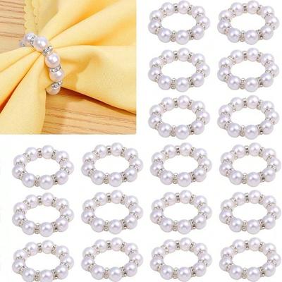 20pcs Pearl Napkin Rings Silver Holder Imitation Beaded White Elegant Rhinestone Serviette Rings Buckle for Wedding