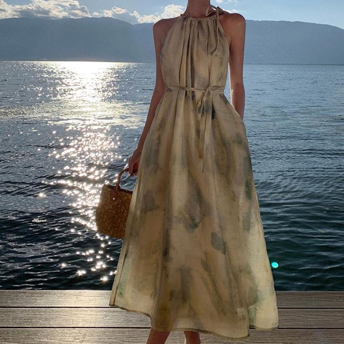 Sanya seaside skirt French loose temperament dress ink smudge printing suspenders holiday wind beach skirt summer