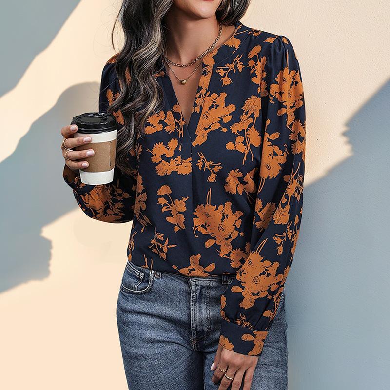 Comfortable Tops Woman Clothing Fashion Casual Tops Shirts Fashionable and Casual Temperament Autumn Wind French Tops Pullover V-neck Printed Shirt
