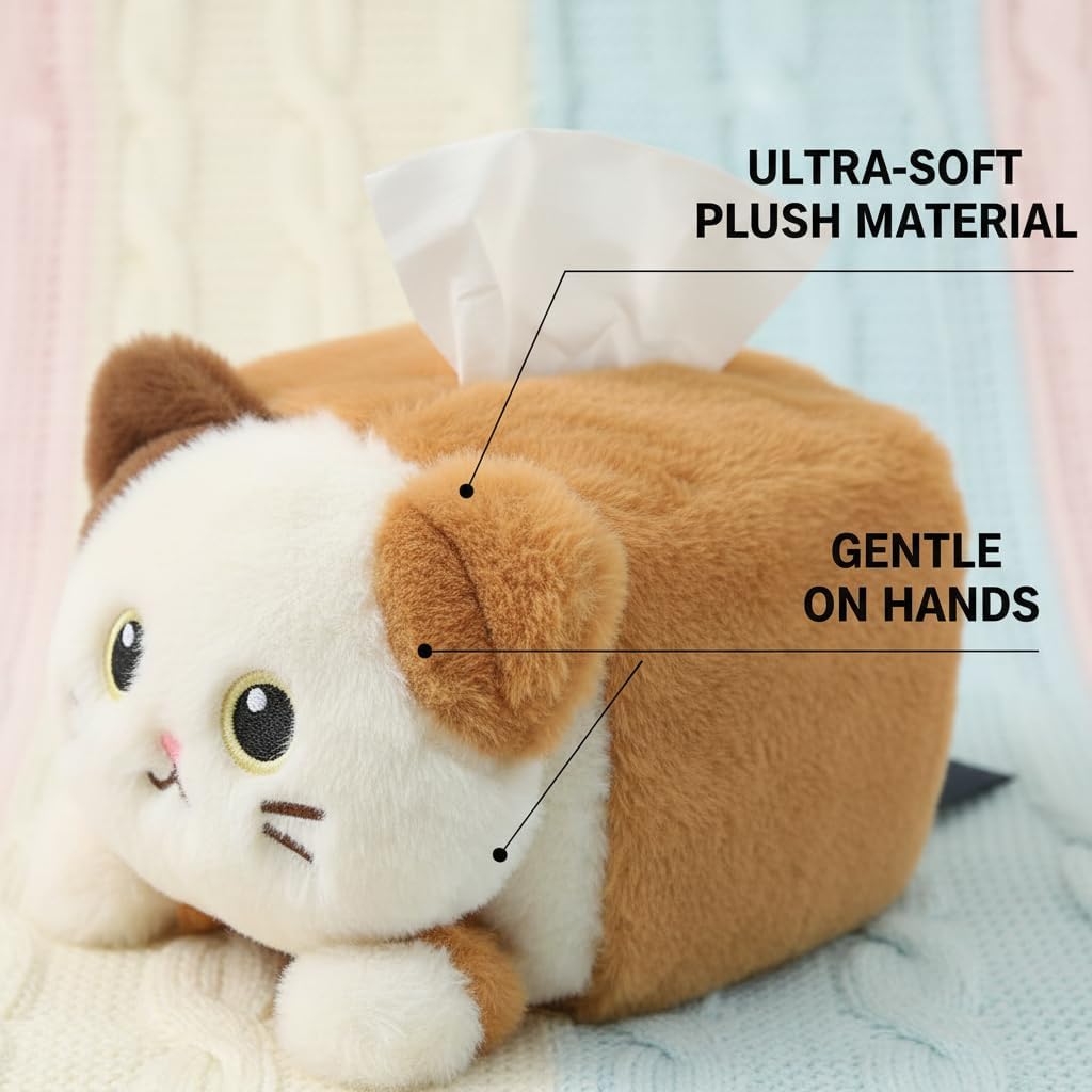 Drivers Cute Plush Animal Car Tissue Box Holder, Vehicle Console Napkin Dispenser, Secure Strap, Easy Refill, Tidy Ride, All-Season