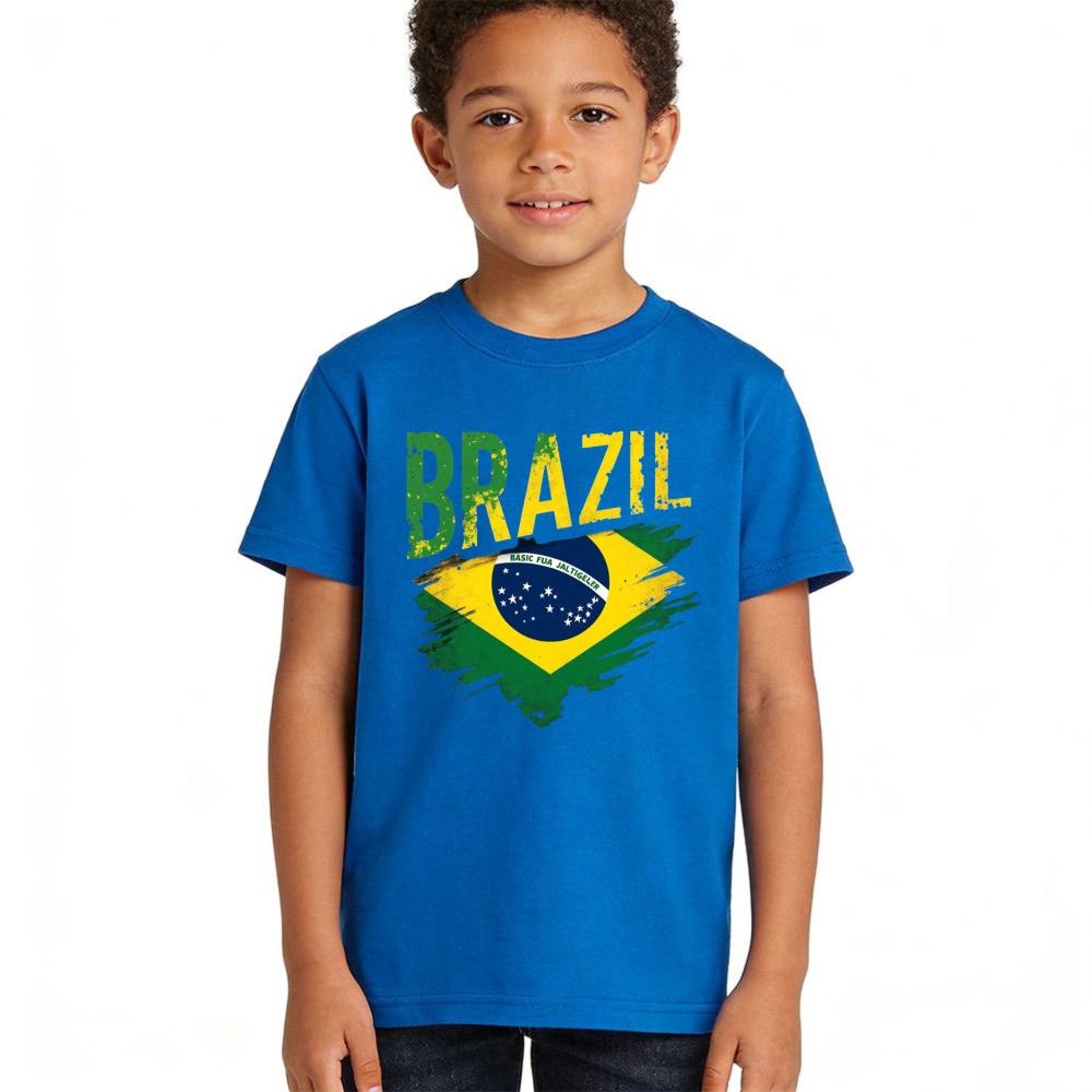 Distressed Brazil Flag Graphic TShirt Brazilian Soccer Lover Children Casual Daily Life Shirt Kids Boy Girl Polyester Short Sleeve