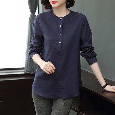 Cotton Linen Shirt Women's Long Sleeved Loose Spring Outfit Stand Up Collar Fashionable Plus Size Casual Blouse Top