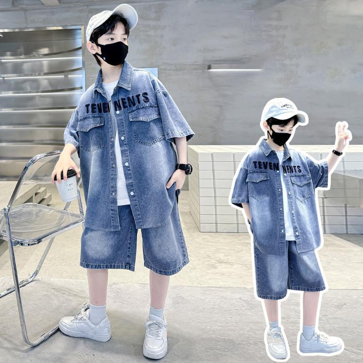 Boys Denim Suit Summer Children's Short Sleeve Shirt Shorts Sports Korean Tracksuit Sets Kids Suit