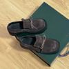 Cowhide version~ Square head bow loafers women's 2025 retro suede small leather shoes British college style single shoes