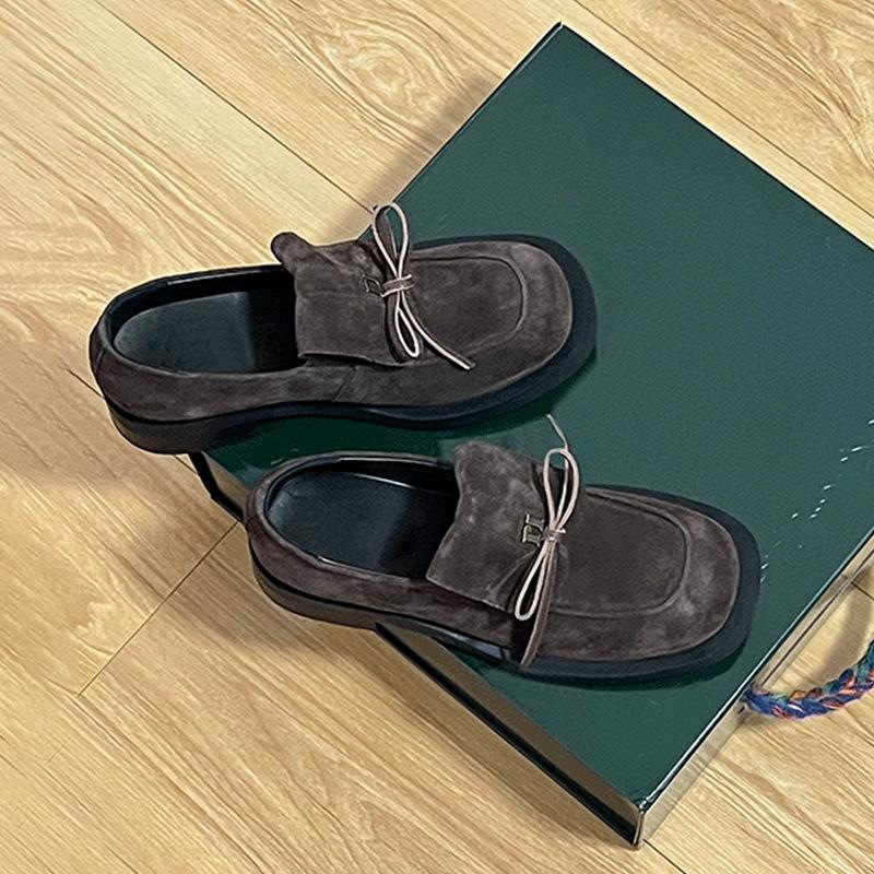 Cowhide version~ Square head bow loafers women's 2025 retro suede small leather shoes British college style single shoes