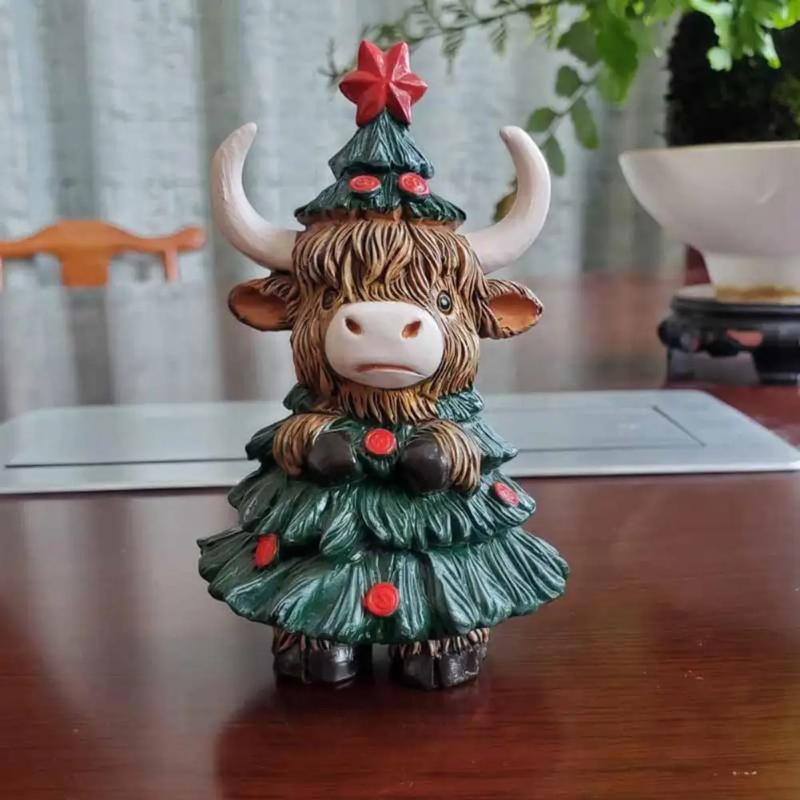 Resin Highland Cow Figurine Halloween Christmas Highland Cattle Cat Statue Animal Sculpture Holiday Party Decoration Ornament