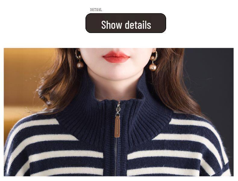 Korean Style Striped Knit Wool Cardigan - Autumn/Winter Zipper Sweater for Women