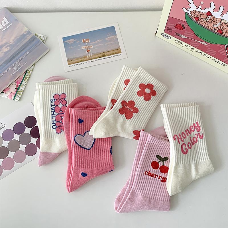 Pink Flower Women Socks  Cute Sweet Harajuku Cotton Socks Casual Korea Japanese Kawaii Girls Calcetines