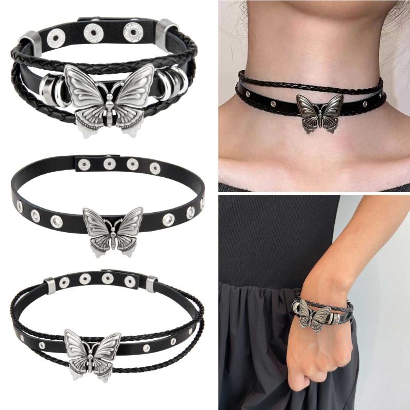 Women Men Cool Punk Choker Necklaces Bracelet Gothic Butterfly Pendant Biker Choker PU Leather Collar Sexy Jewelry Gift
