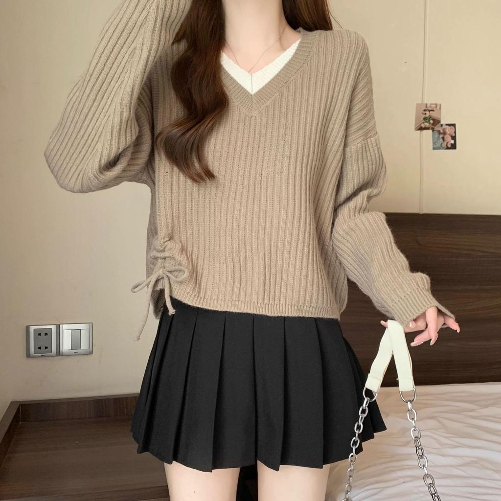 Knitted Sweater Women's Autumn  Winter Versatile Slimming V-neck Long Sleeved Fake Two-piece Drawstring Sweater