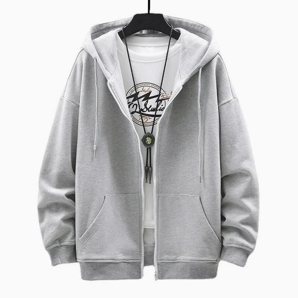 Men's Solid Hoodies Coat Harajuku Basic Long Sleeve Spring Autumn Loose Zip Up Casual Oversized Sweatshirts Jacket with Pocket