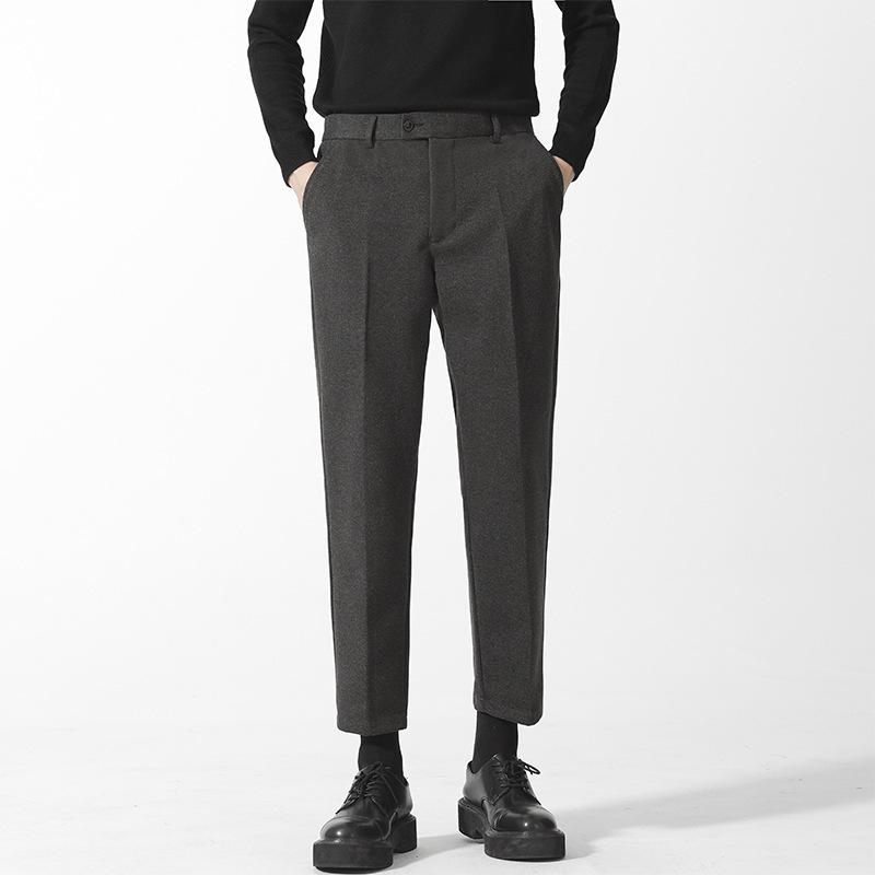 Men’s Casual Woolen Nine-Point Trousers - Autumn Business Loose Fit, Solid Color, Trendy Design.