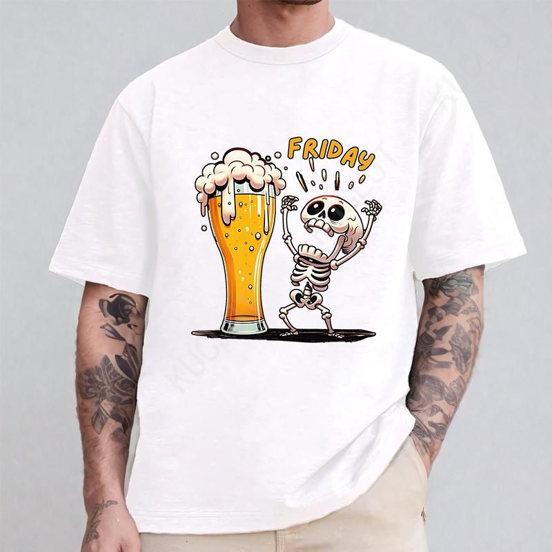 Fashion Mens T Shirt Skeleton Enjoying FRIDAY Beer Day Tees Funny Finally Friday for Drink Lover Male Clothes Short Sleeve Tops