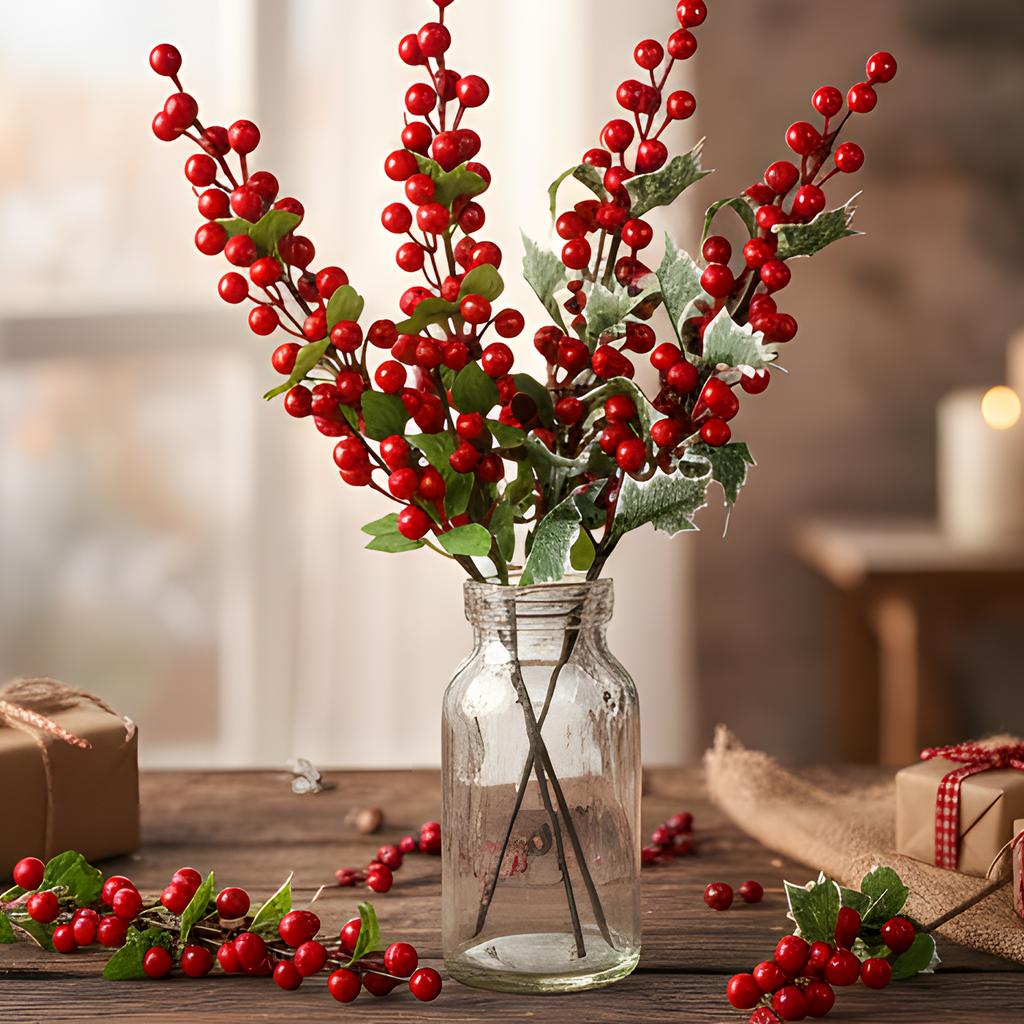 52cm Christmas Red Holly Berries Branch with Green Leaves Fake Berry DIY Garland Xmas Tree Ornaments Festival Party Home Decor