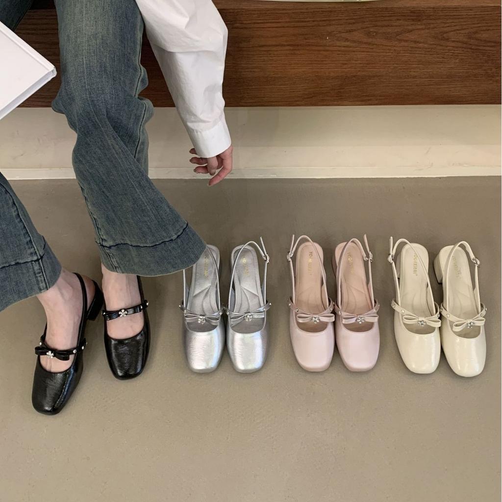 2025 new summer round head with rhinestone bow empty Mary Jane women's shoes