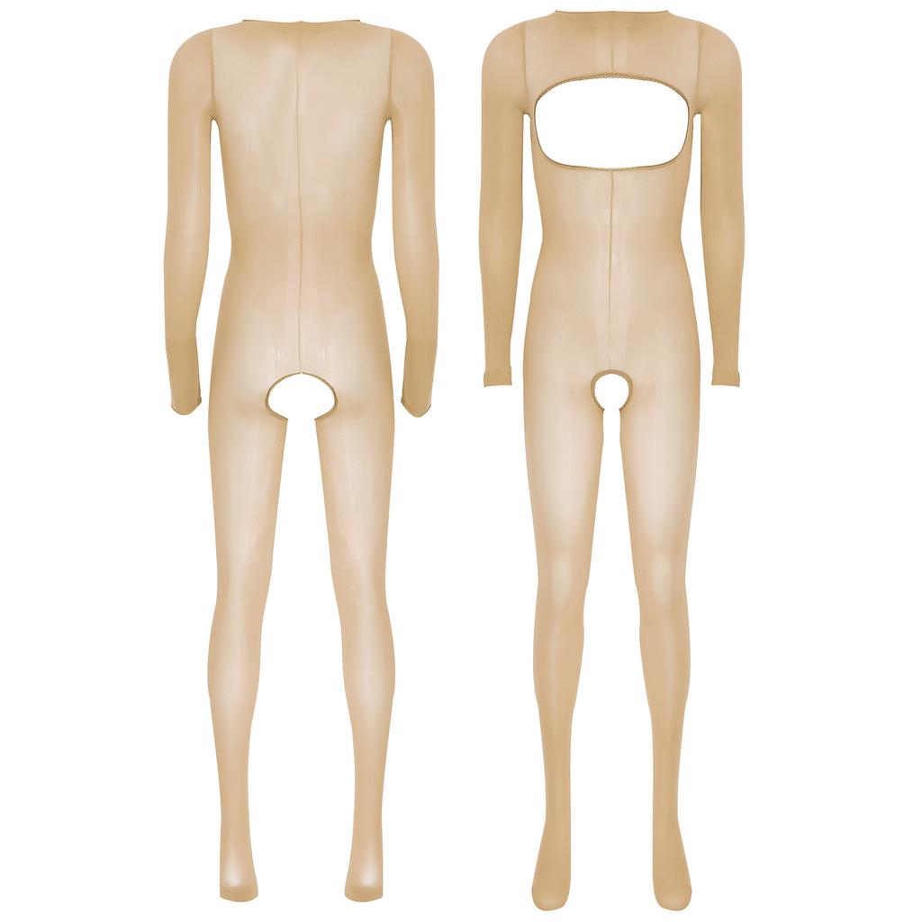 Womens Glossy See Through Long Sleeve Open Breast Crotchless Bodystocking