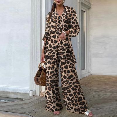Conjunto de roupas femininas de primavera e outono, camisa com estampa de leopardo e calças compridas, conjunto de duas peças de pernas largas