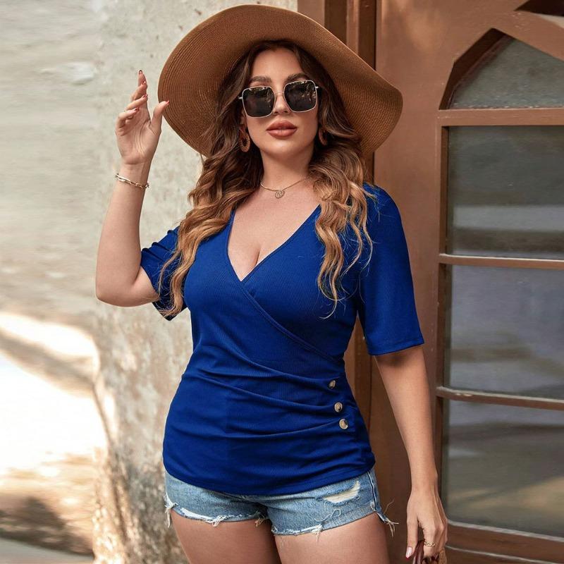 

Летняя женская футболка с v-образным вырезом и коротким рукавом, тонкая дышащая вязаная футболка больших размеров, удобный синий сексуальный топ, повседневная одежда 3XL синий