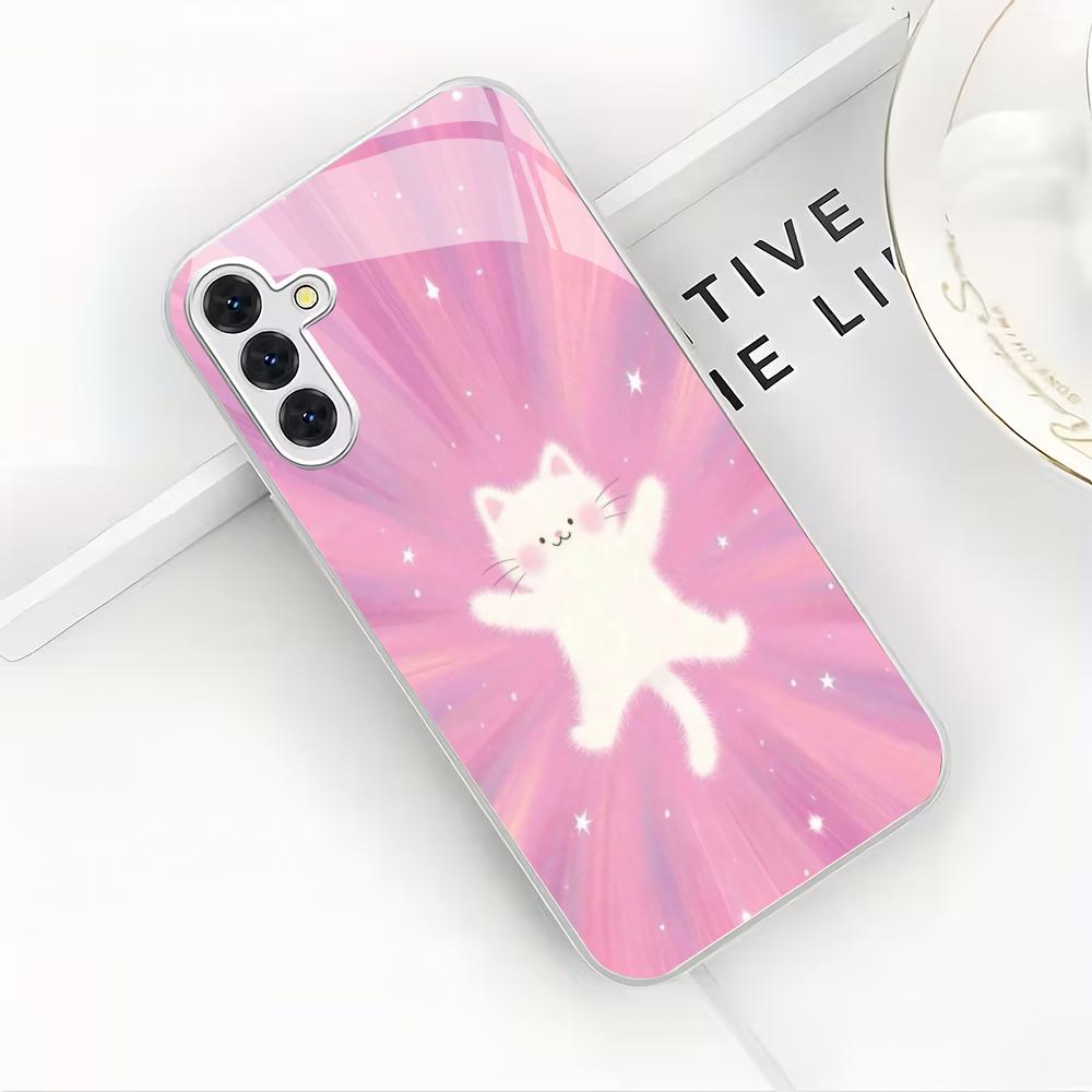 Happy Pink Cat Silver Plated Glass Phone Case Suitable for Samsung Galaxy S26 S25 S24 S22 S21 S20 FE/Ultra/Plus Anti Fall