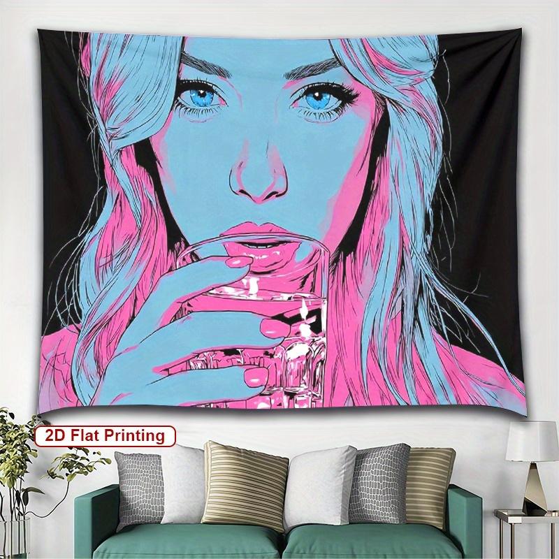 Pop Art Woman Portrait Tapestry Turquoise and Pink Abstract Design Modern Art Wall Hanging for Bedroom or Dorm Decor