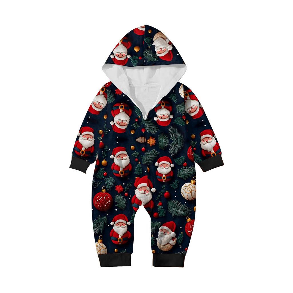 Christmas Print Parent-Child Outfit Hooded Zipper One-Piece Fashionable Home Suit Set