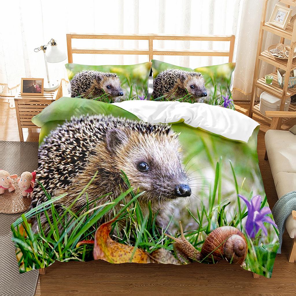 Hedgehog Duvet Cover Set Cute Cute Animal Polyester Comforter Cover King Queen Size for Kid Boy Girl Bedding Set with Pillowcase