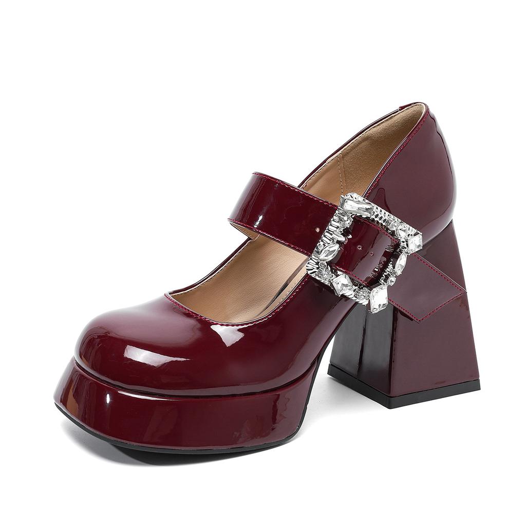 Round Head New Patent Leather Rhinestone with Thick High Heels Waterproof Table Mary Jane Single Shoes Women's Versatile