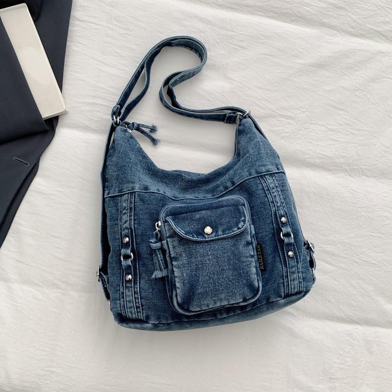 Denim Square Backpack Women Large Capacity Shoulder Bag Travel Tote With Zip Stitched Detail