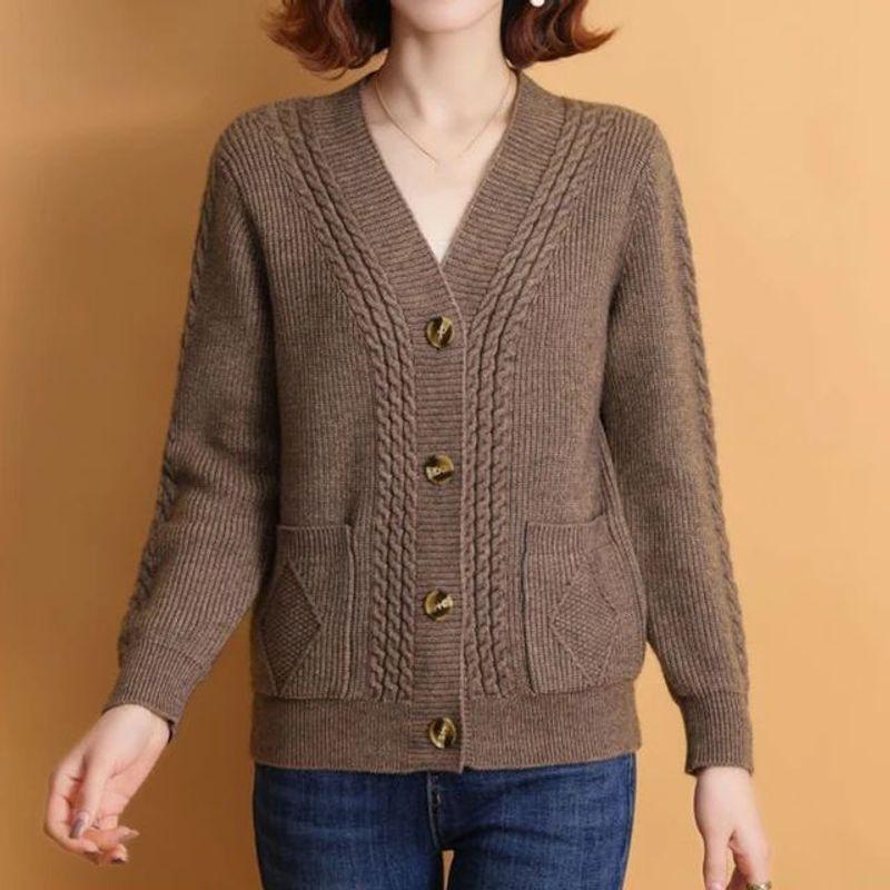 

Loose V-necklong Sleeve Cardigan Sweater Loose V Neck Long-Sleeve Cardigan Sweater Dark coffee One size