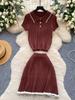 Fashion Knitted 2pc Two Pieces Suits Skinny Short Sleeves Polo Shirt+Short Skirt Drilled Women Simple Style Summer Sets