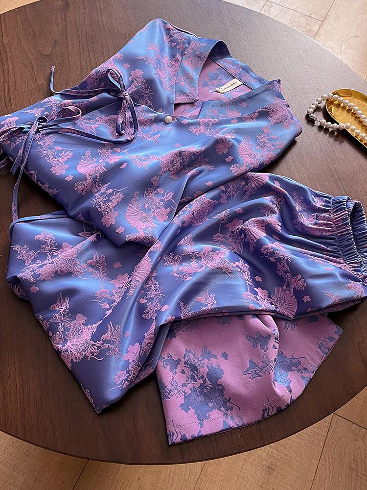 Women s Jacquard Silk Pajama Set - Spring/Summer, Frog Button, Mulberry Silk, National Style Extra Large