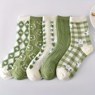 5 Pares Calcetines Mujer Primavera y Otoño Retro Flor de Relieve Tridimensional Calcetines de Caña Media Medias Calcetines de Mujer